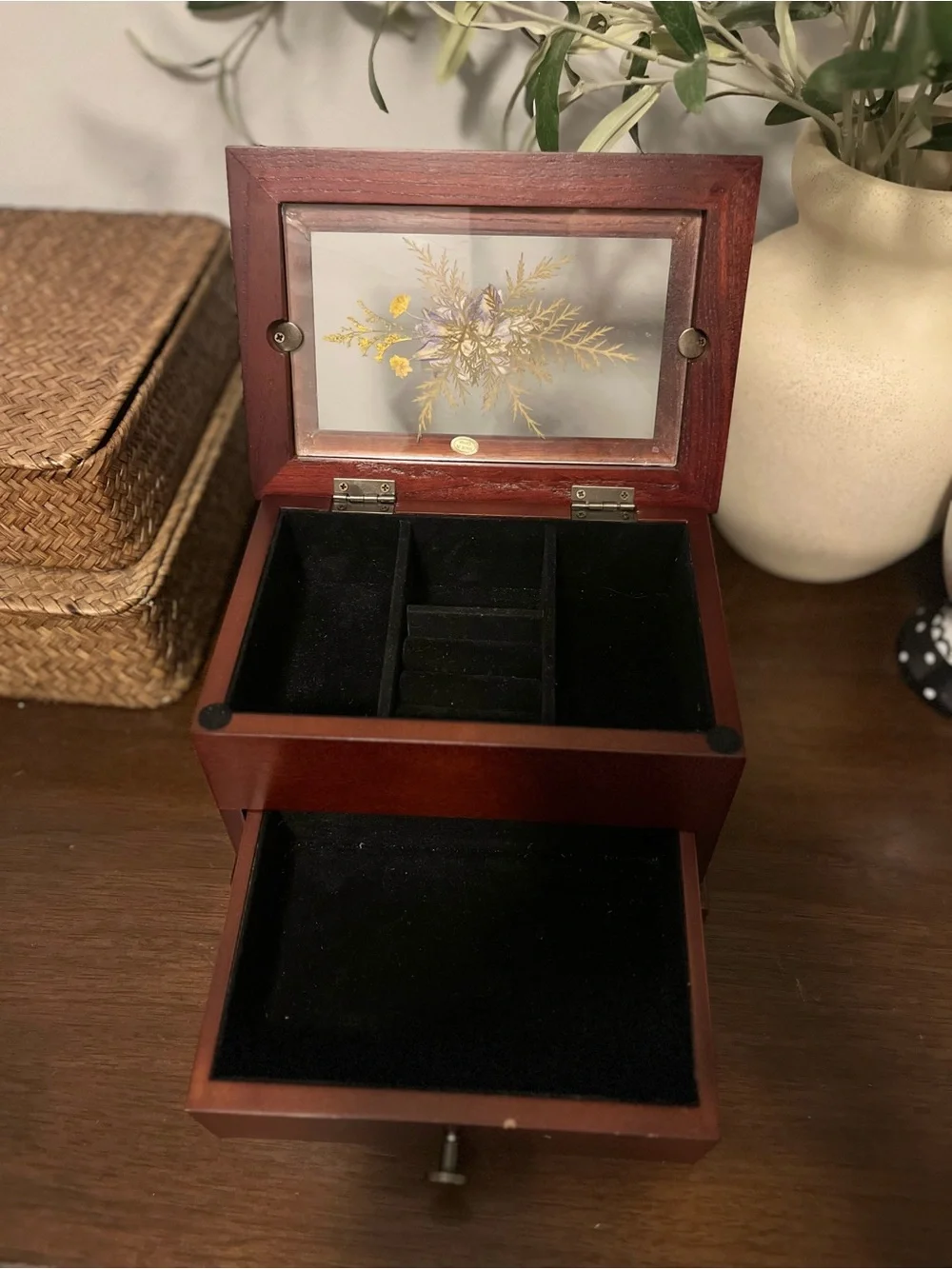 Croft and Barrow Jewelry Box with Floral Glass Inlay - Red Cherry